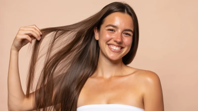 Young woman smiling while holding her long brown hair against a beige background