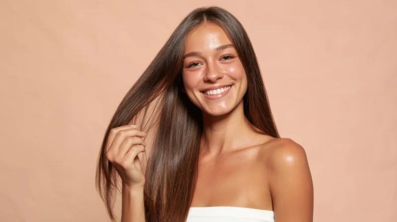 Young woman smiling while holding her long brown hair in a studio setting