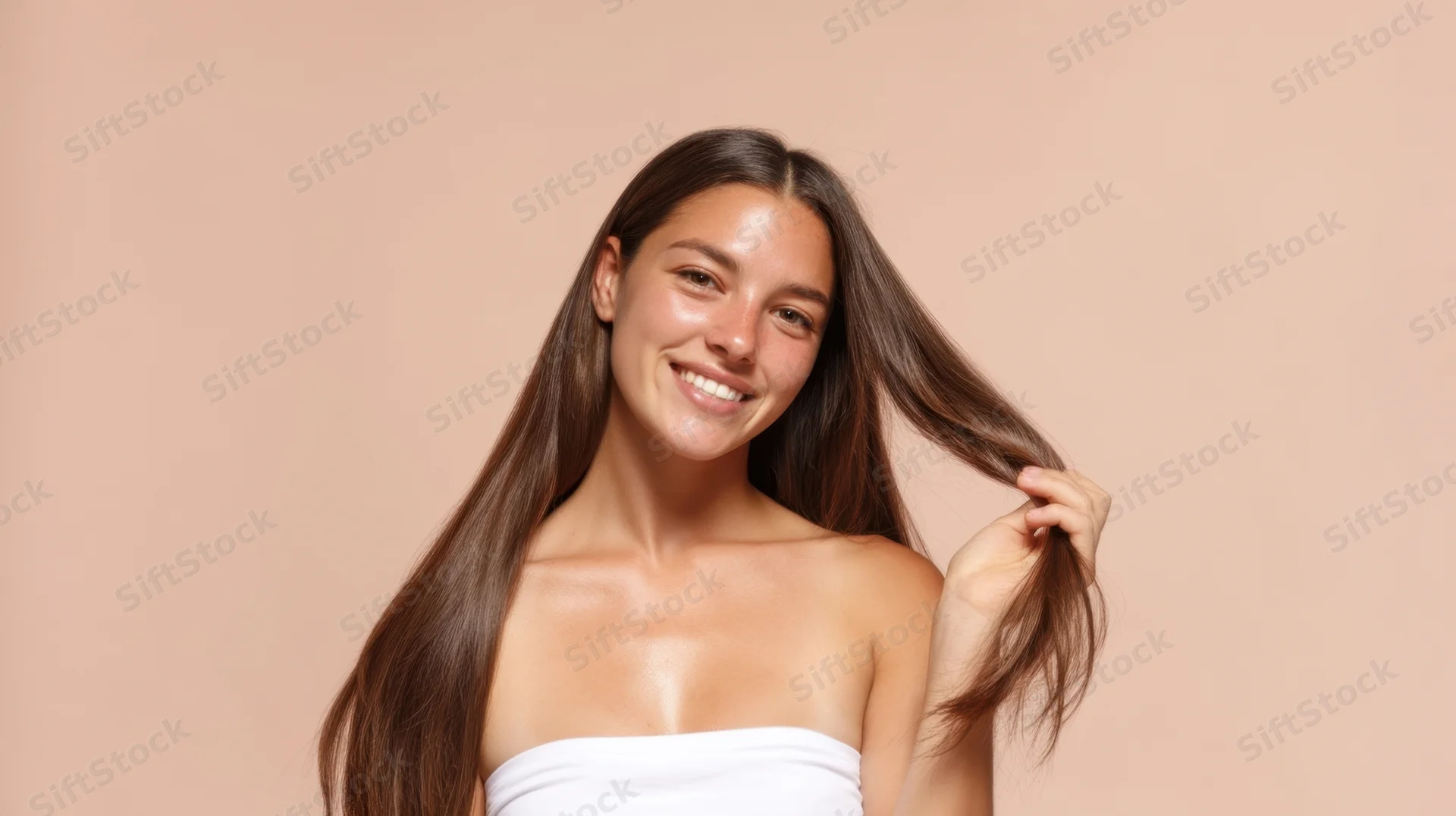 Young woman smiling while holding her long brown hair in a studio setting