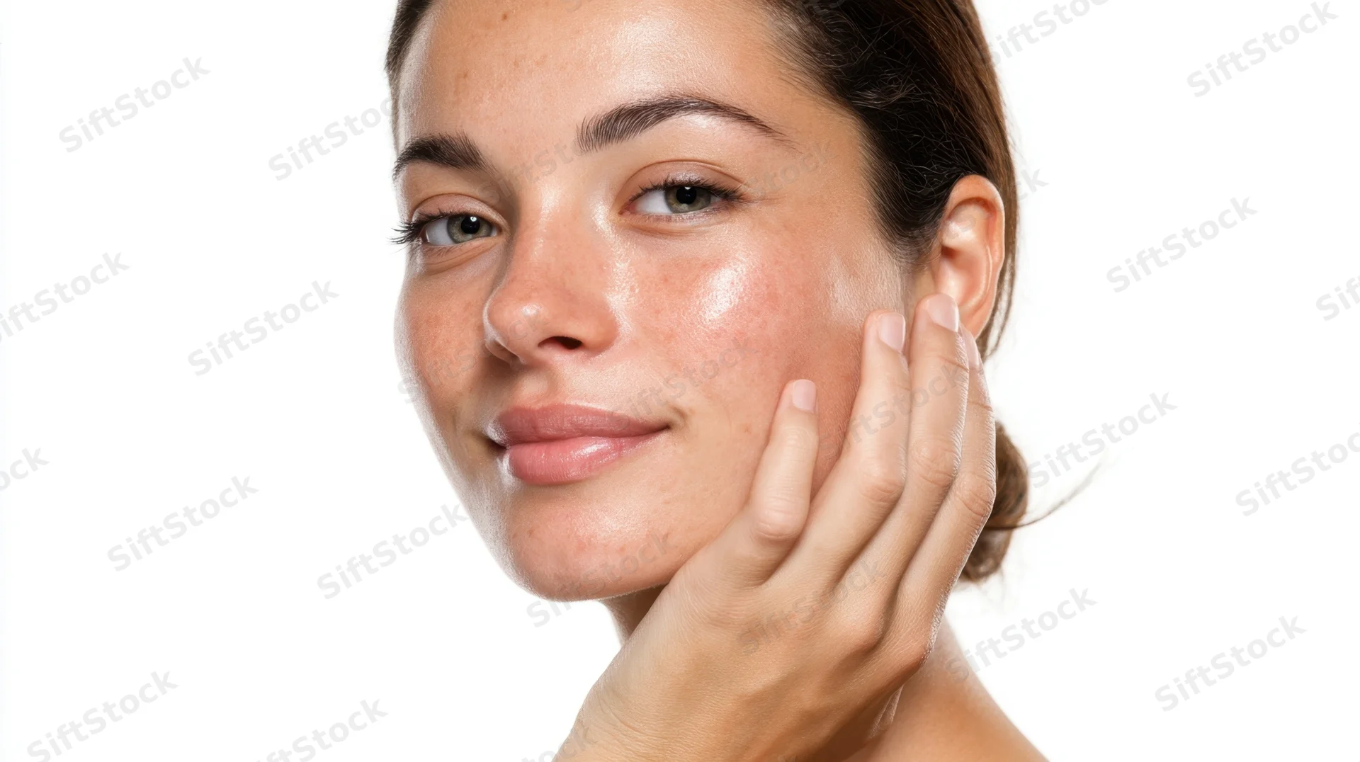 Young woman touching her face with hand, showing clear skin against white background