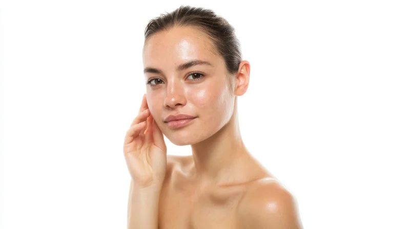 Young woman touching her face with hand, isolated on white background