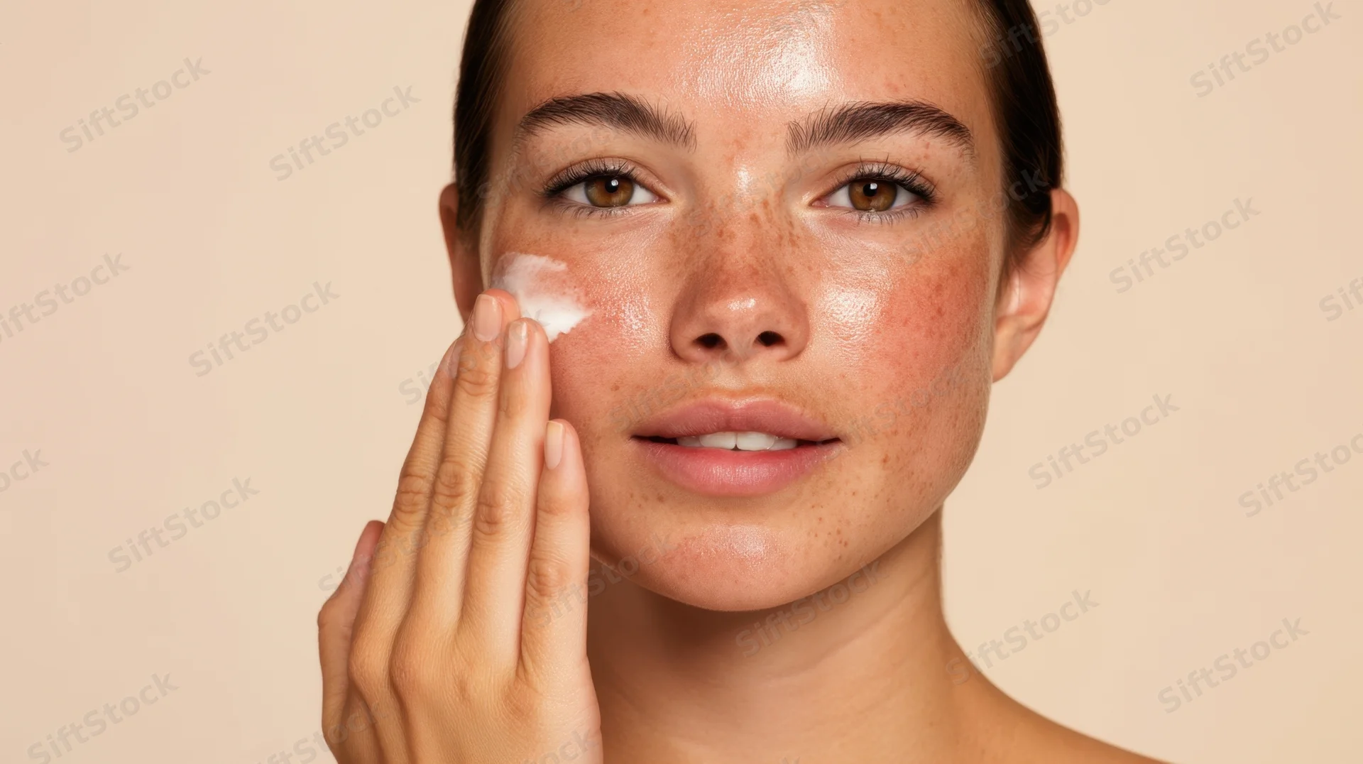 Young woman applying cream to her face in closeup portrait
