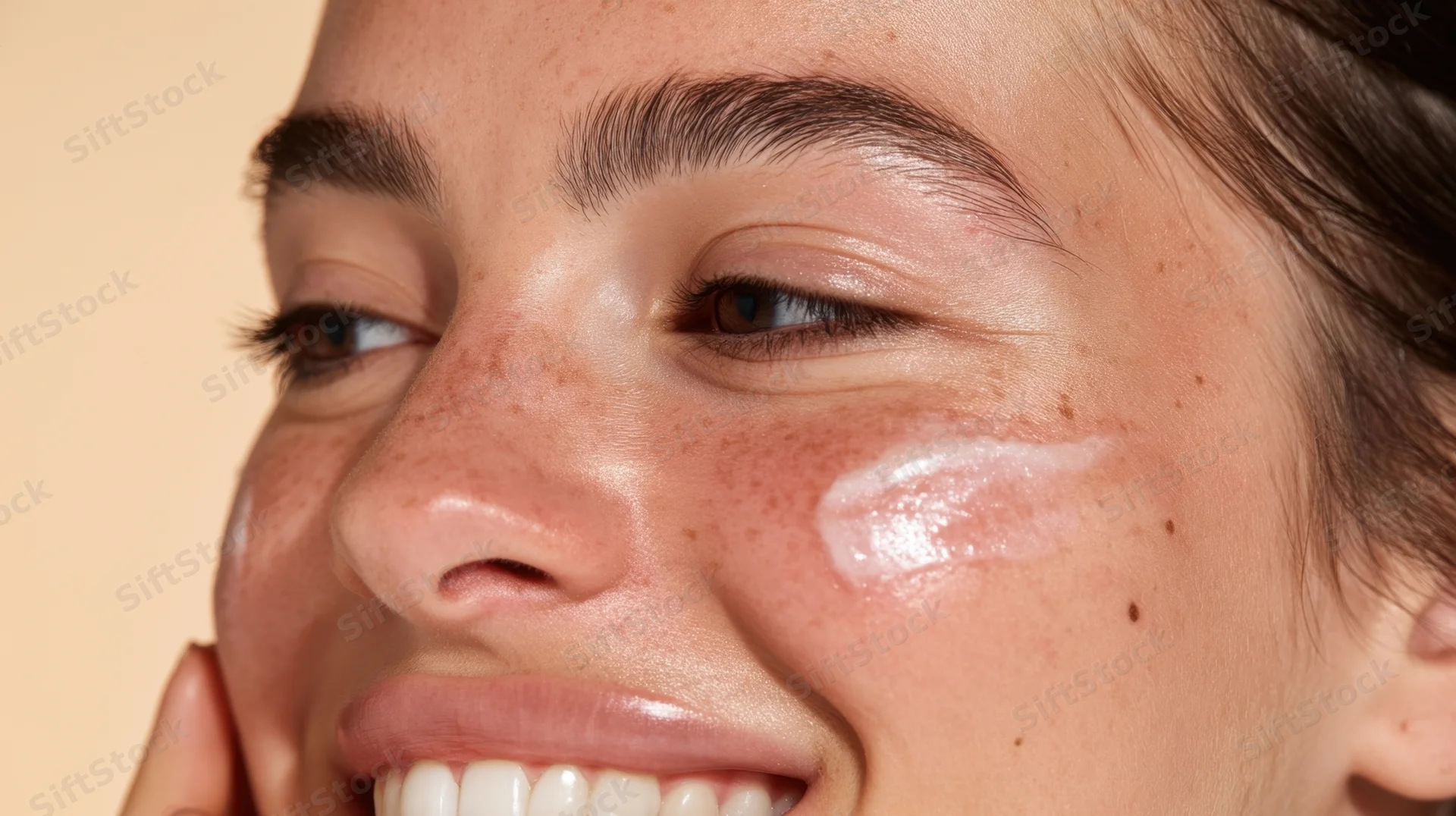 Young woman smiling with cream applied to her cheeks in closeup view
