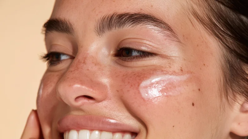 Young woman smiling with cream applied to her cheeks in closeup view