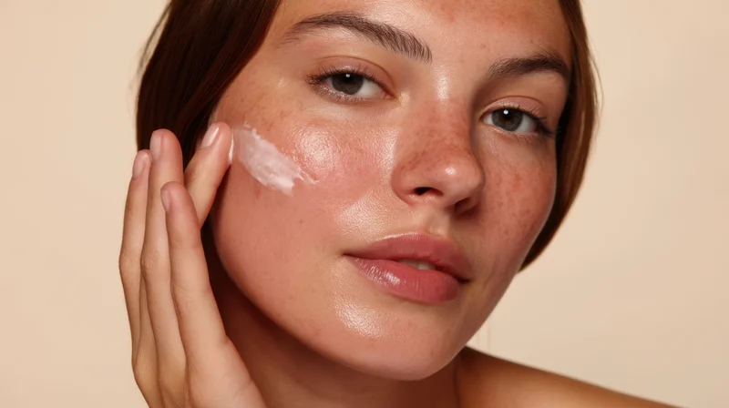Young woman applying cream to her face in closeup portrait