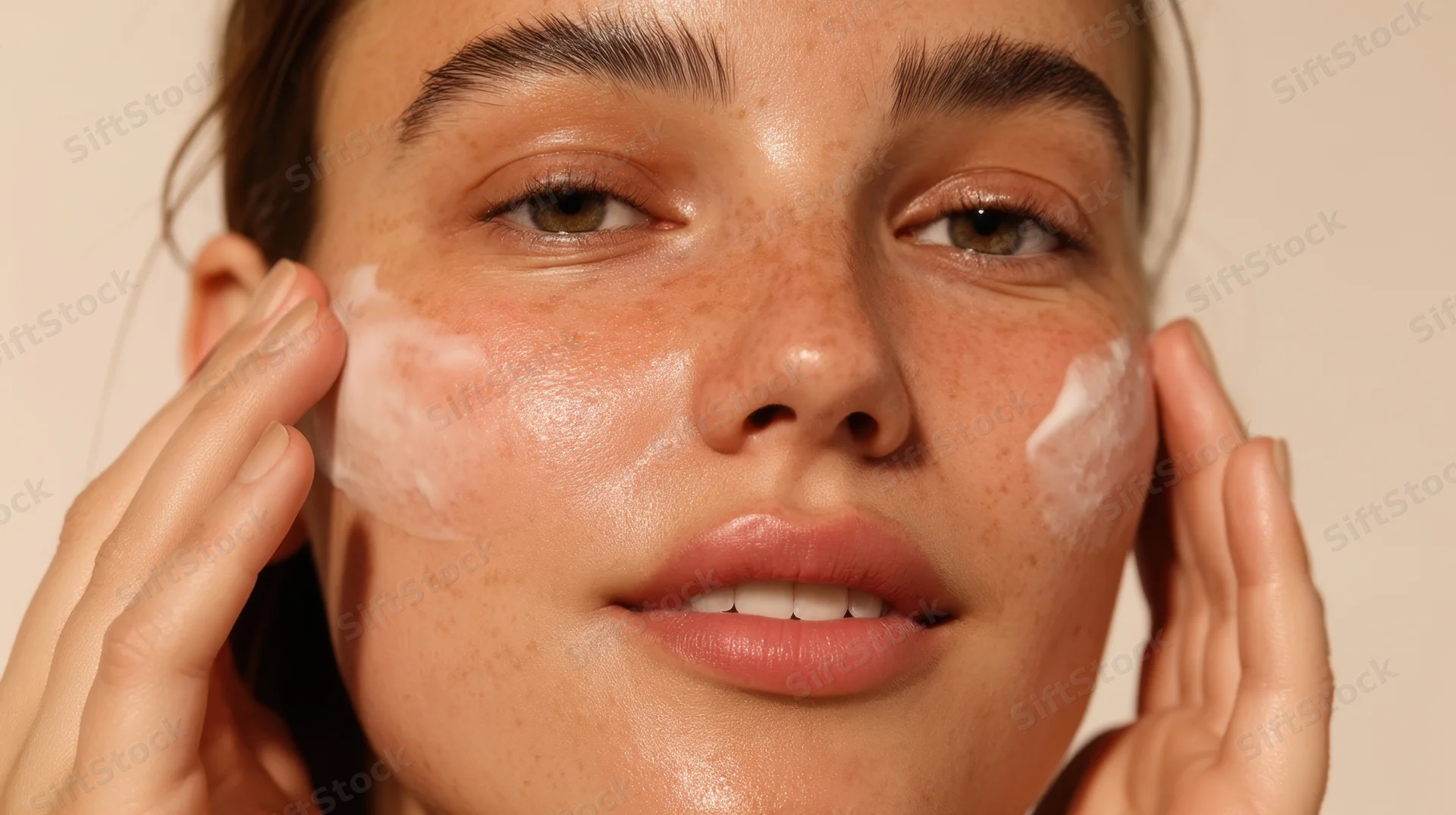 Young woman applying cream to her face in closeup view