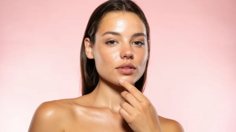 Young woman touching her chin with finger against pink background