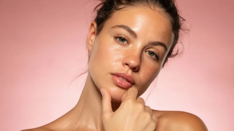 Young woman touching her chin with hand against pink background