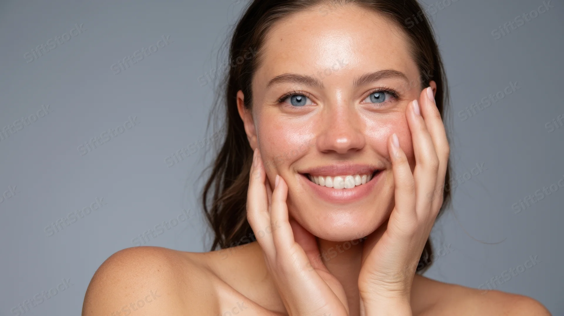 Young woman smiling with hands on her face in studio portrait