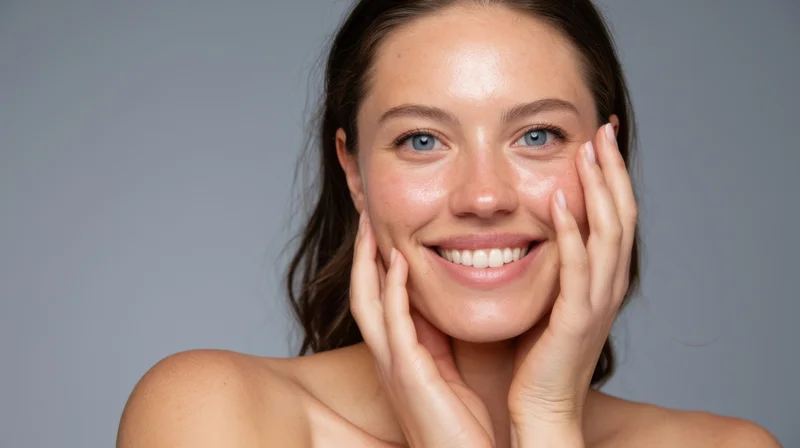 Young woman smiling with hands on her face in studio portrait