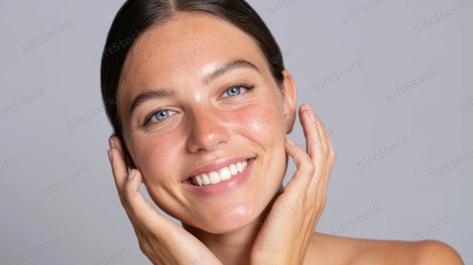 Young woman smiling with hands on her face against a neutral background