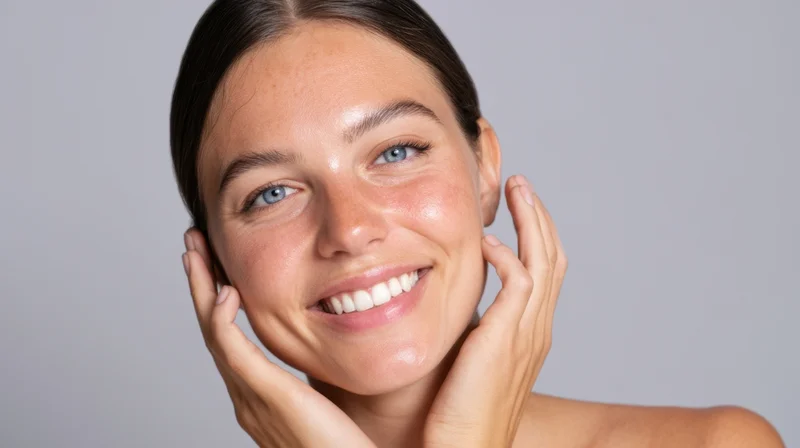 Young woman smiling with hands on her face against a neutral background