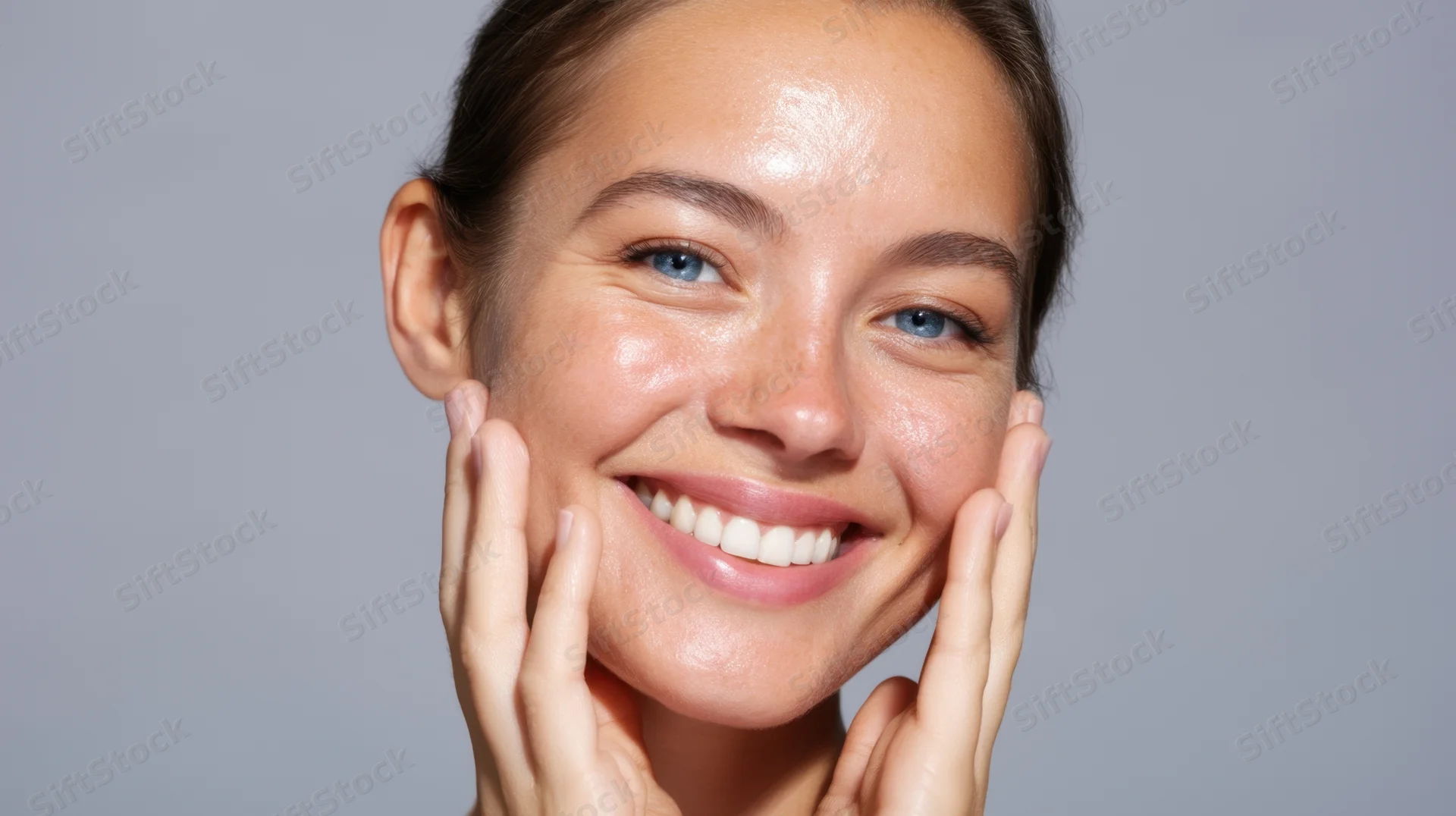Young woman smiling with hands on her face against a gray background