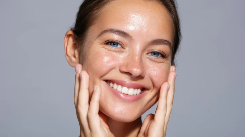Young woman smiling with hands on her face against a gray background