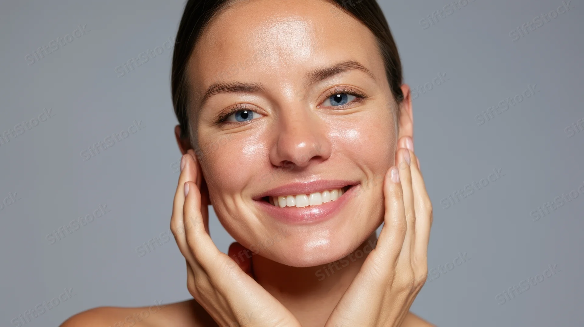 Young woman smiling with hands on her face, close-up portrait against gray background