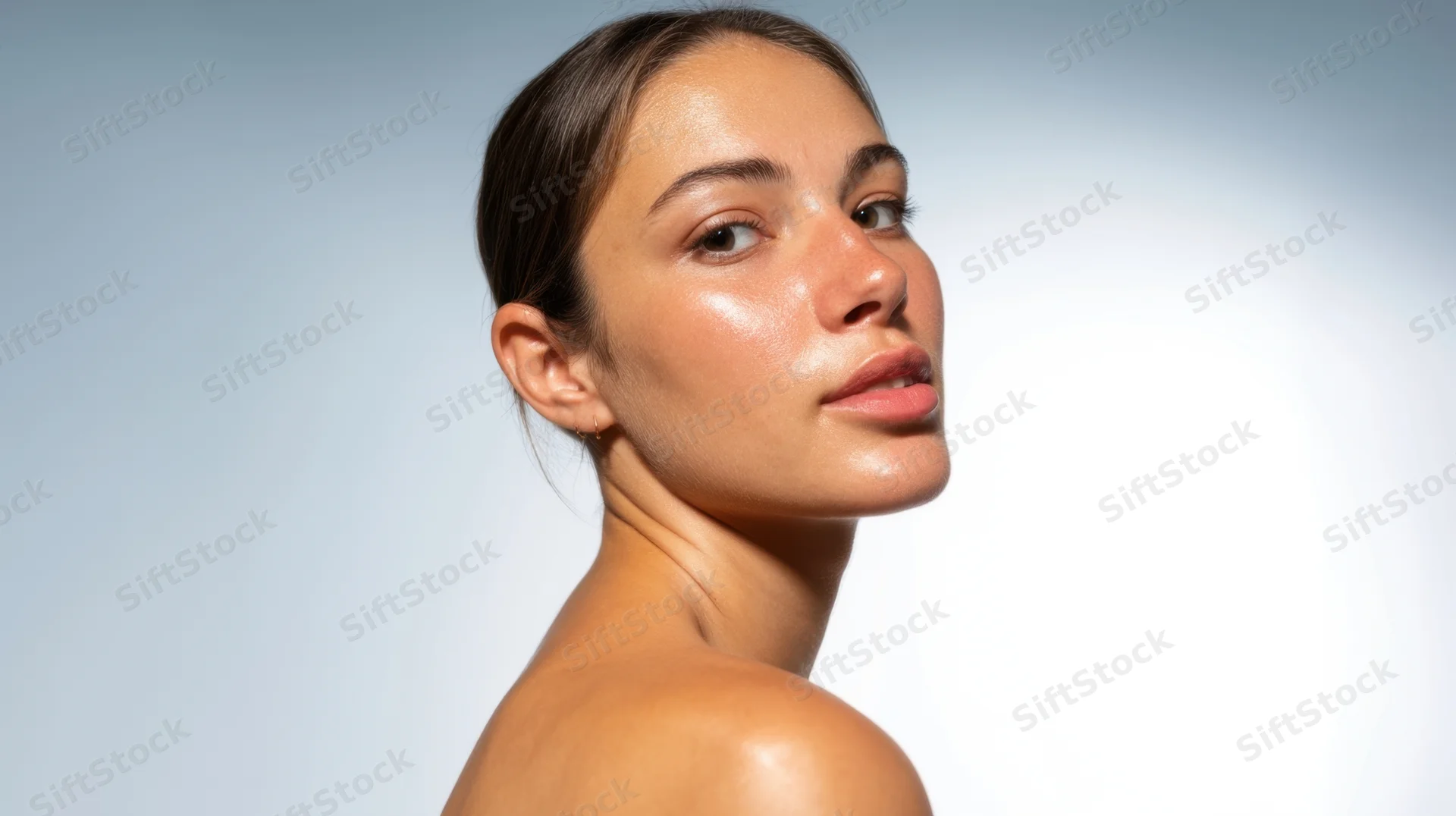 Young woman with glowing skin in studio portrait, side profile view, bare shoulders and neck, hair pulled back, soft lighting