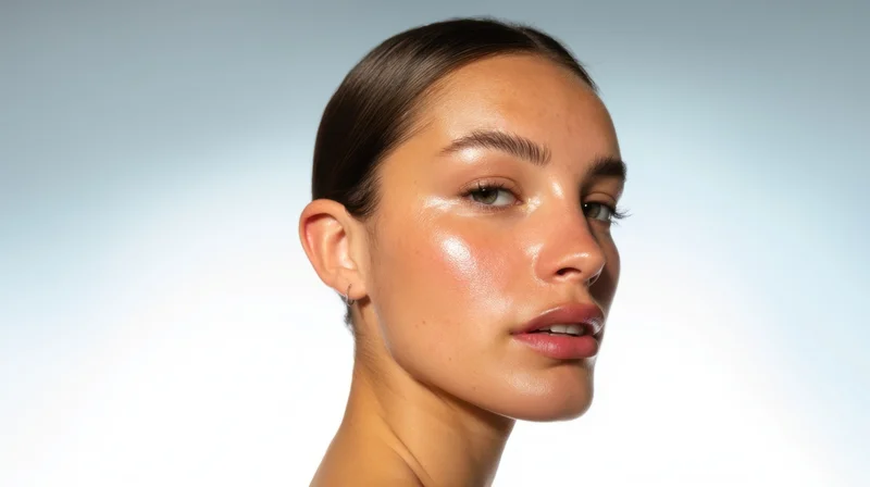 Young woman with glowing skin in studio portrait, side profile view