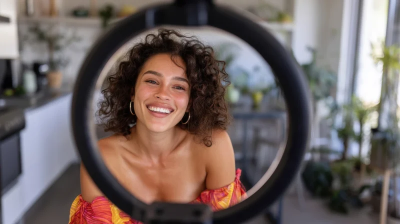 Young woman smiling through a ring light in a bright home kitchen with plants and natural light