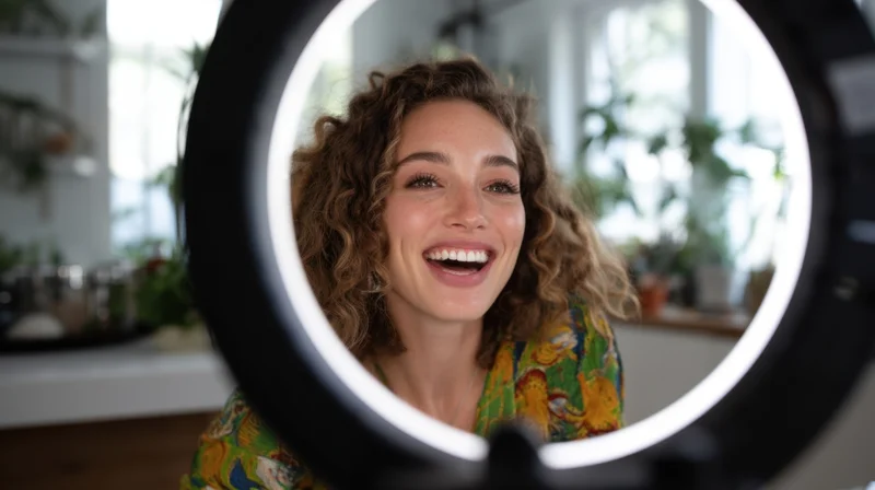 Young woman smiling through a ring light in a home studio with plants and natural light