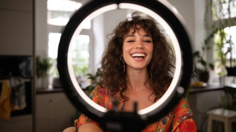 Young woman smiling through a ringlight in a bright kitchen interior