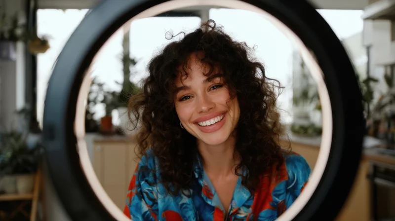 Young woman smiling through a ringlight in a home studio setting