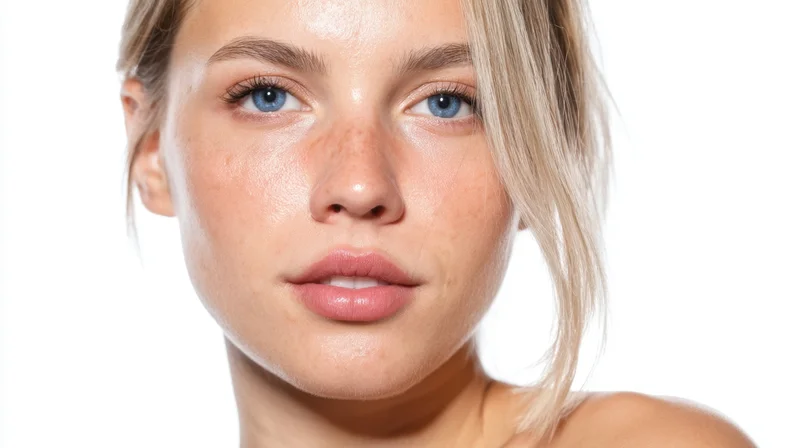 Closeup portrait of a young woman with clear skin and freckles against white background