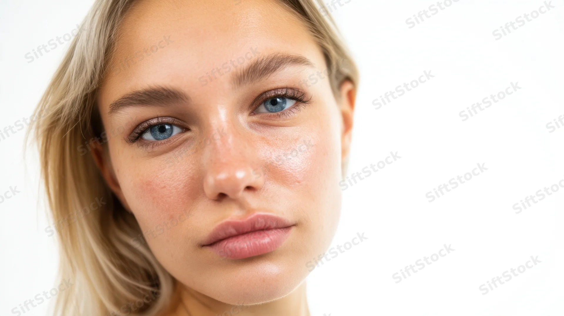Closeup portrait of a young woman with natural skin and blue eyes against white background