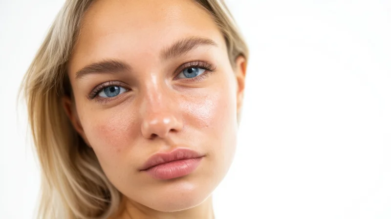 Closeup portrait of a young woman with natural skin and blue eyes against white background