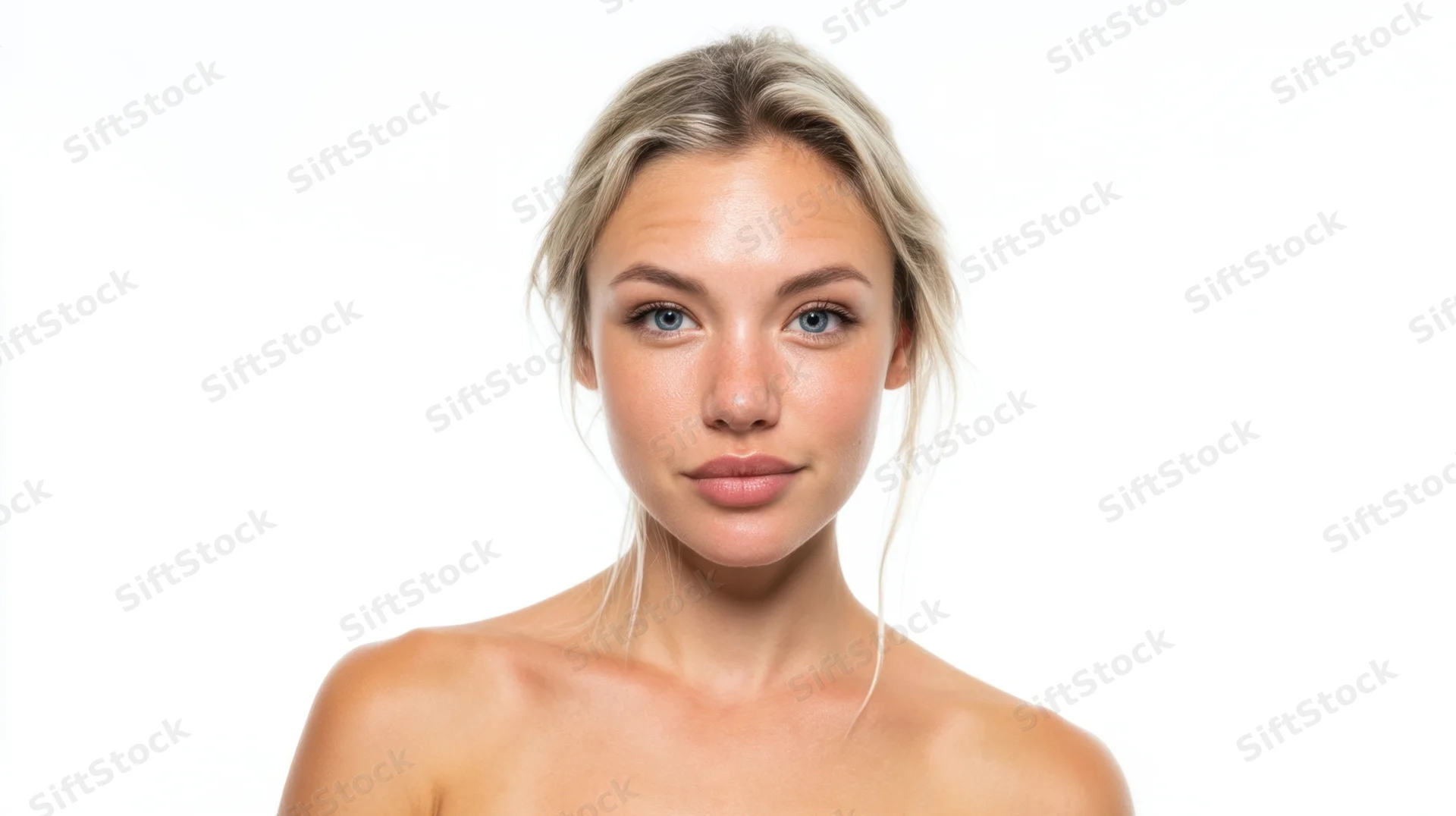 Young woman with blonde hair and blue eyes looking directly at camera in studio portrait against white background