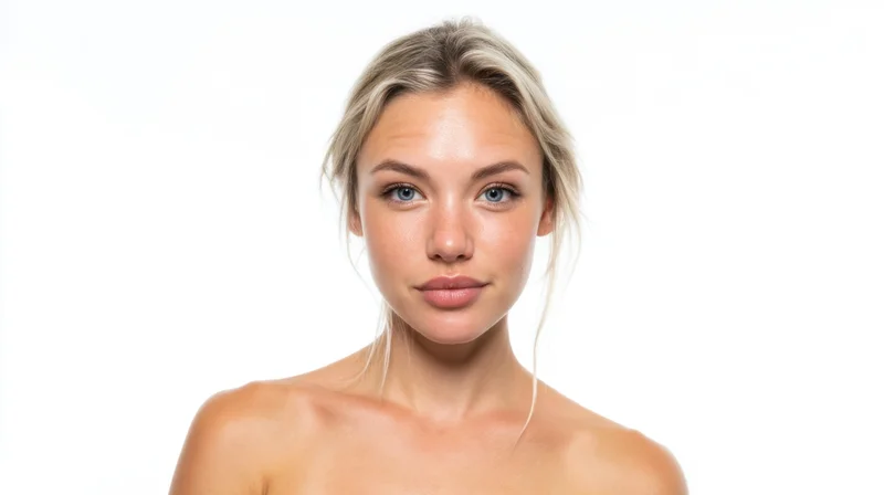 Young woman with blonde hair and blue eyes looking directly at camera in studio portrait against white background