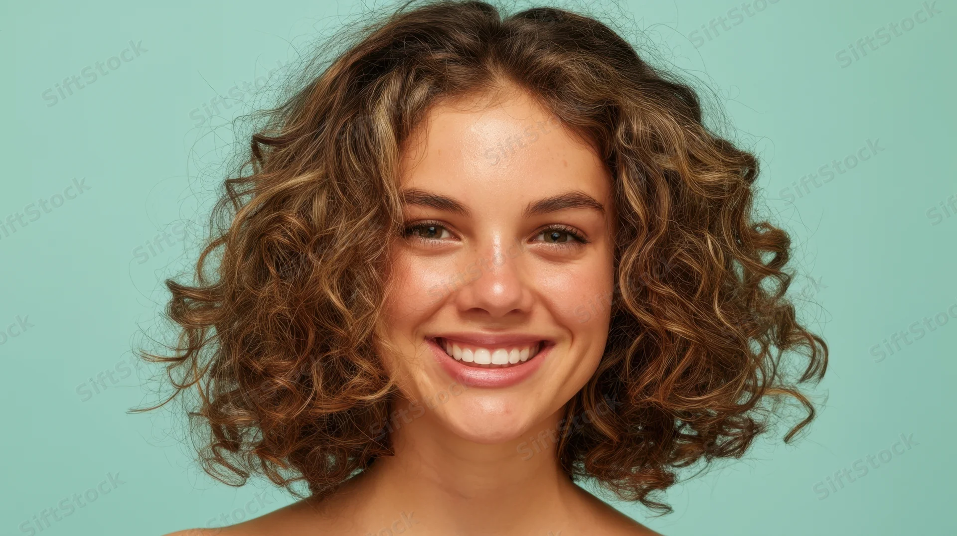 Young woman with curly brown hair smiling at camera against teal background