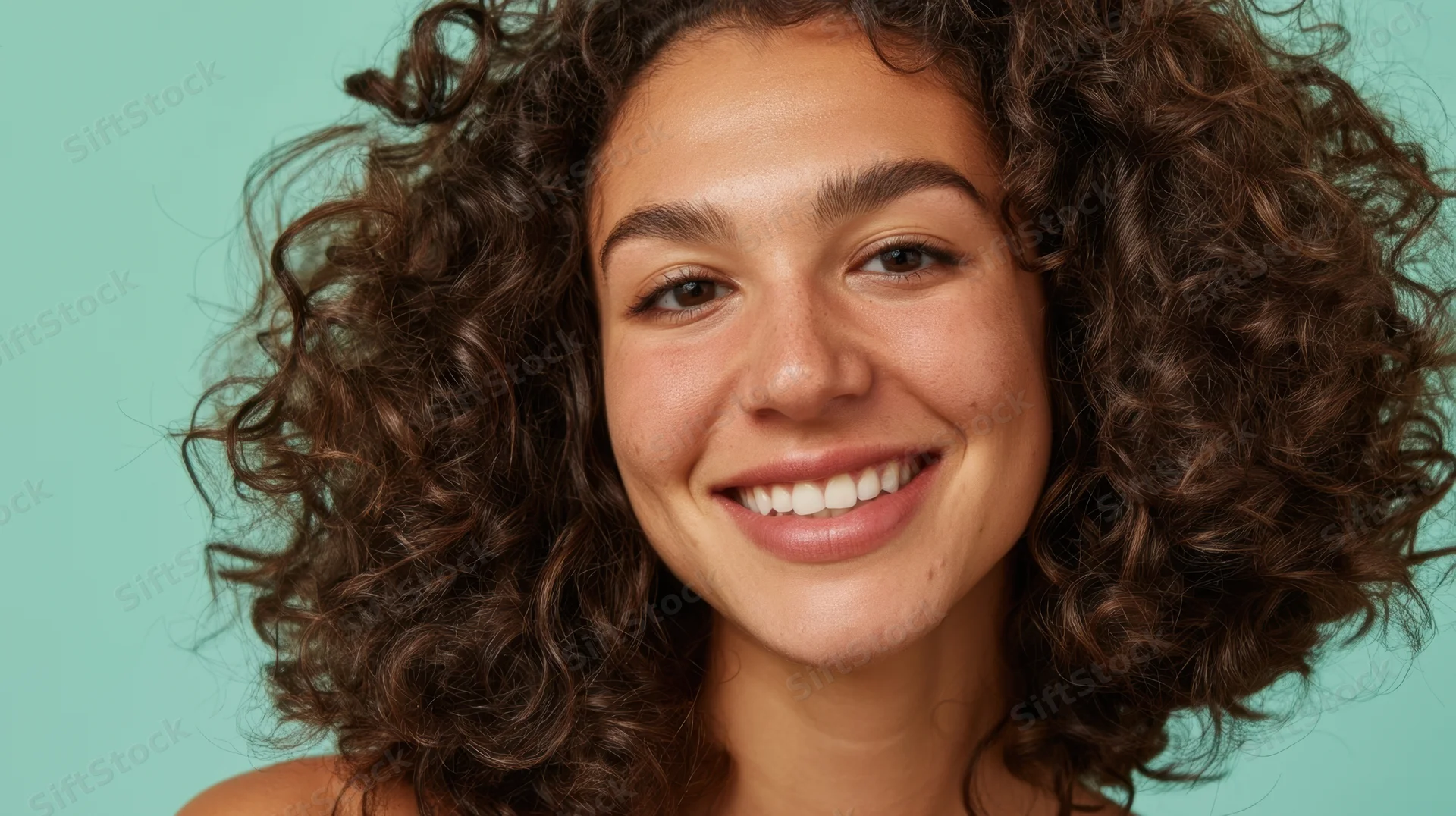 Young woman with curly brown hair smiling in a studio portrait against a teal background