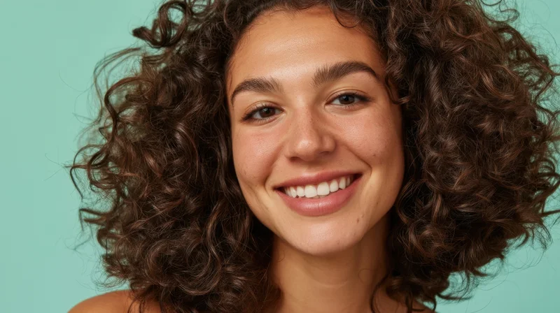 Young woman with curly brown hair smiling in a studio portrait against a teal background