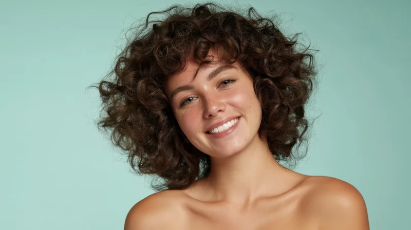 Young woman with curly brown hair smiling in studio portrait against teal background