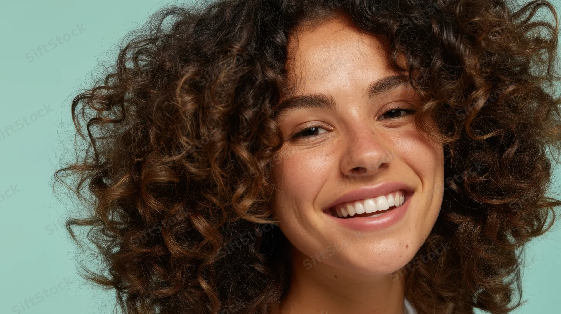Young woman with curly brown hair smiling in studio portrait against mint background
