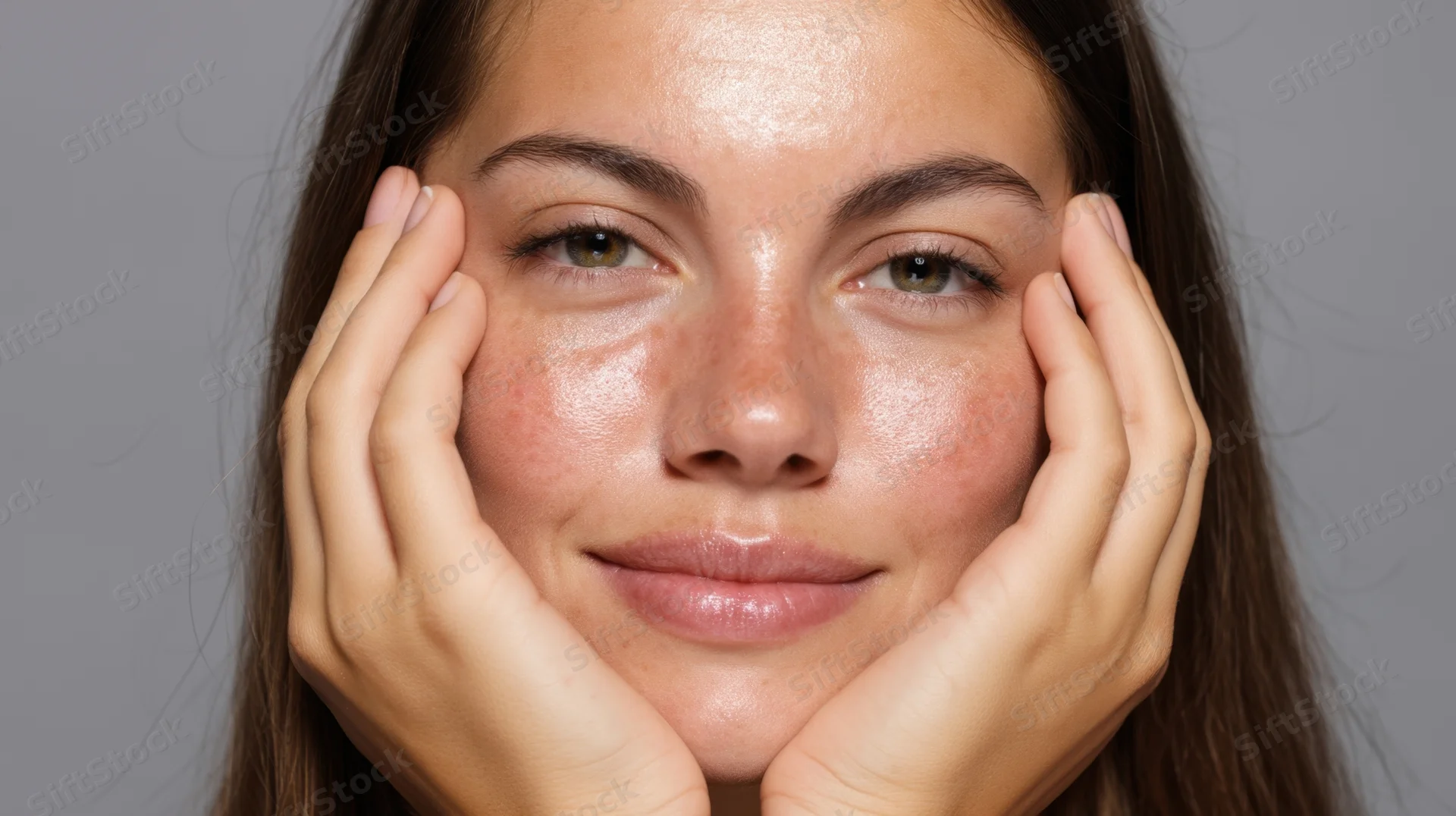 Young woman with hands on cheeks showing glowing healthy skin in studio portrait
