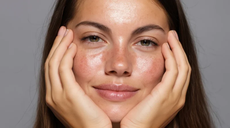 Young woman with hands on cheeks showing glowing healthy skin in studio portrait