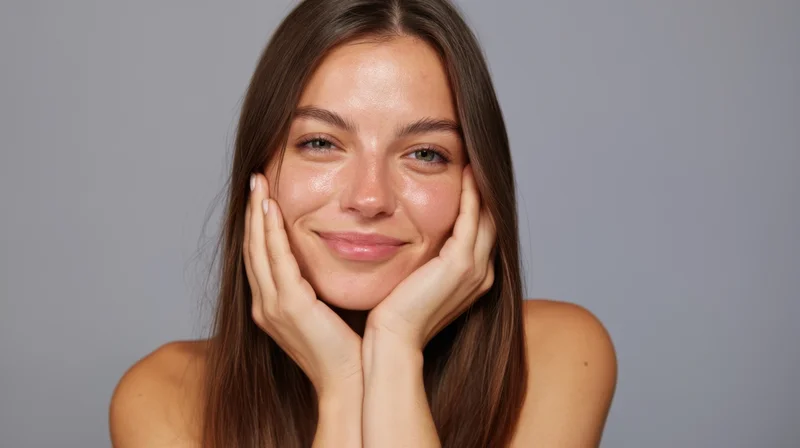 Young woman smiling with hands on cheeks in studio portrait