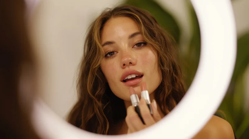 Young woman applying lipstick while looking in a round mirror