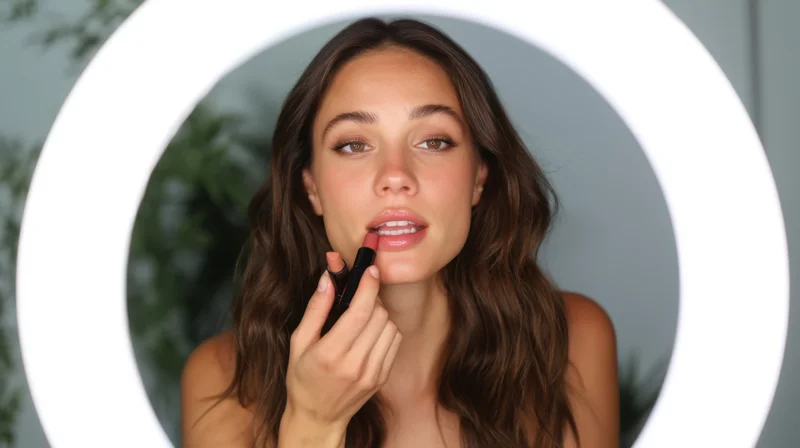 Young woman applying lipstick in front of ring light with greenery in background