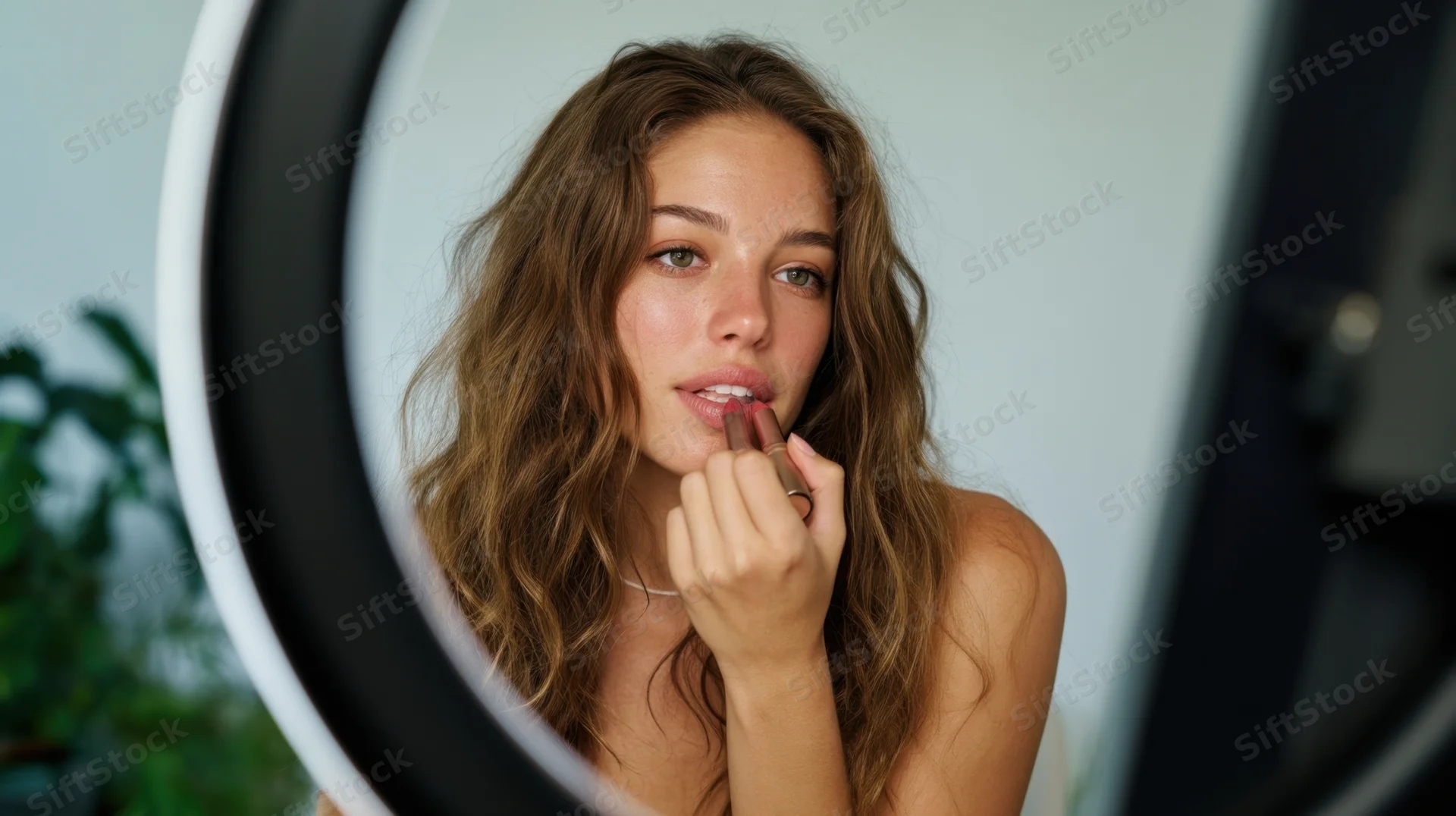 Young woman applying lipstick in front of a mirror with ringlight