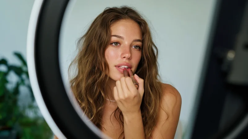 Young woman applying lipstick in front of a mirror with ringlight