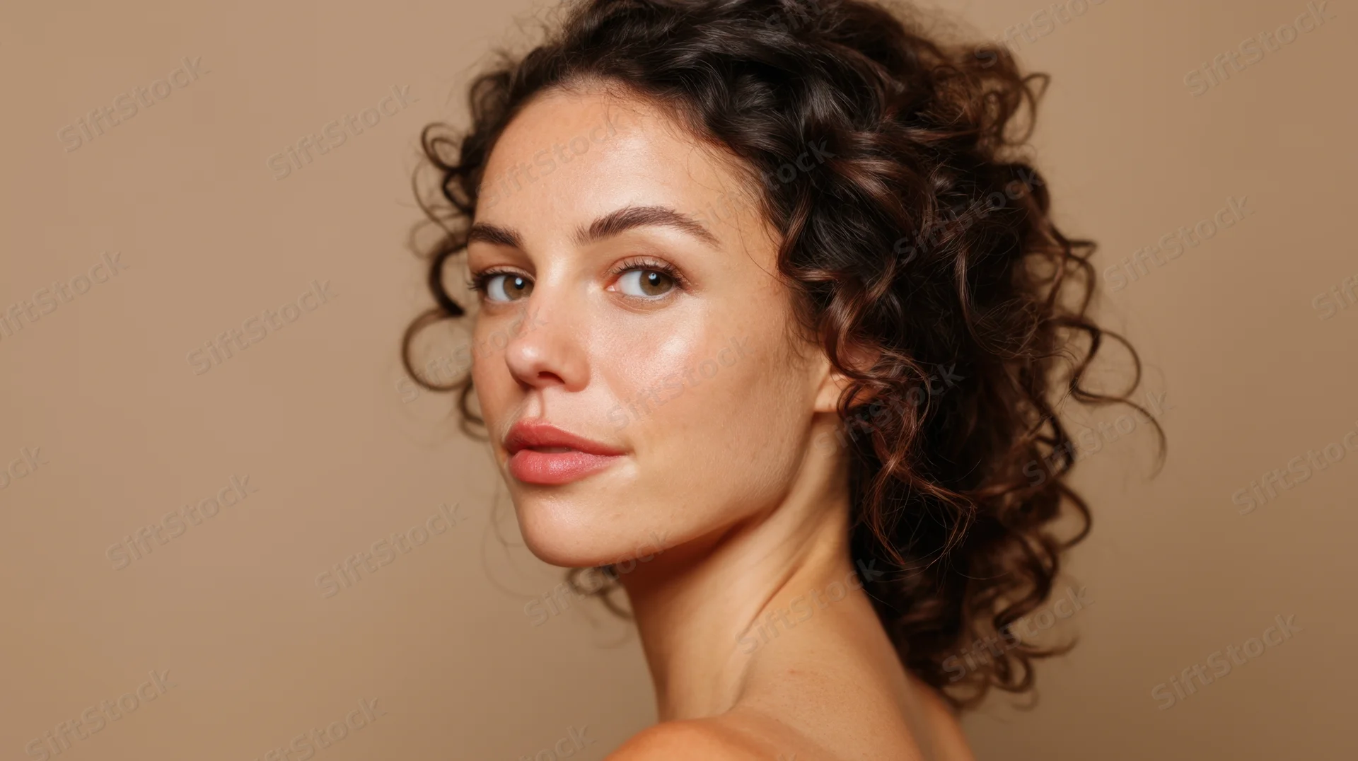 Young woman with curly brown hair and natural makeup looking at camera in studio setting