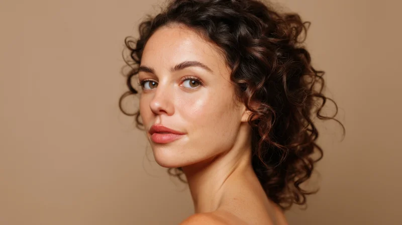 Young woman with curly brown hair and natural makeup looking at camera in studio setting
