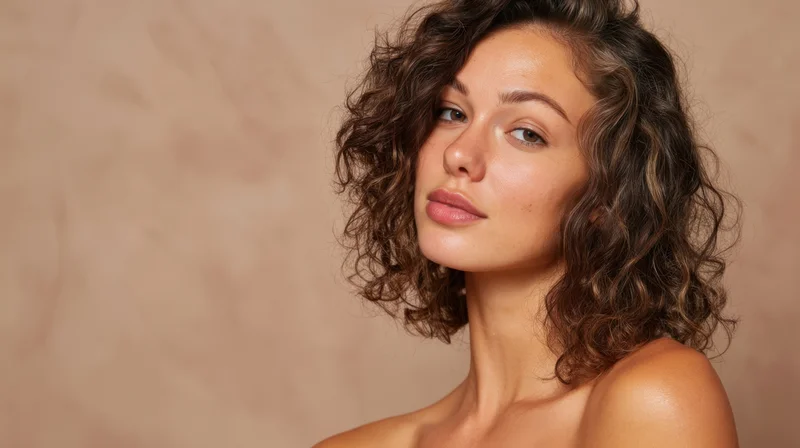 Young woman with curly hair and natural makeup in studio portrait