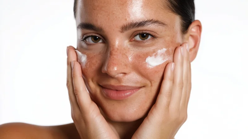 Young woman applying cream to her face against white background