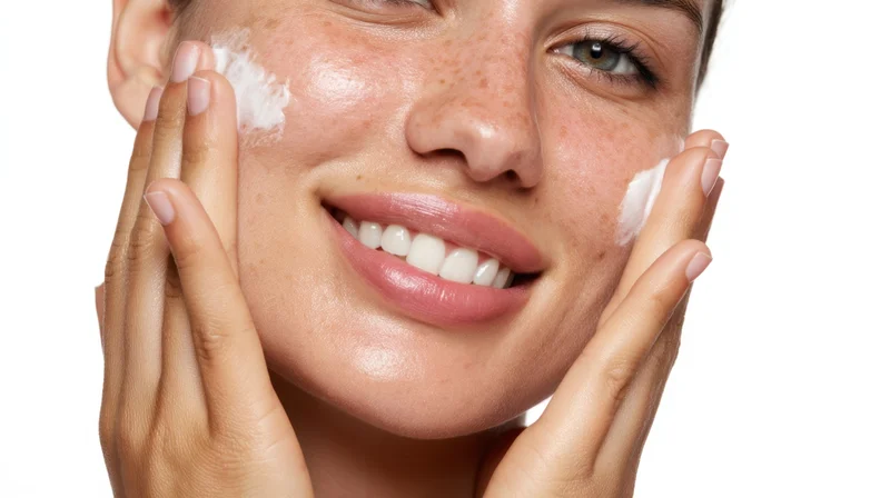Young woman smiling while applying cream to her face against white background