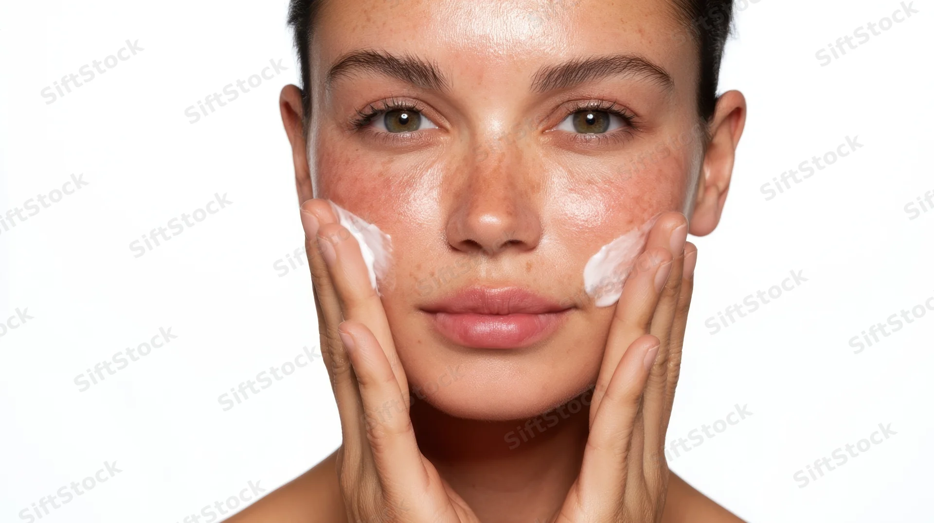 Young woman applying cream to her face against white background