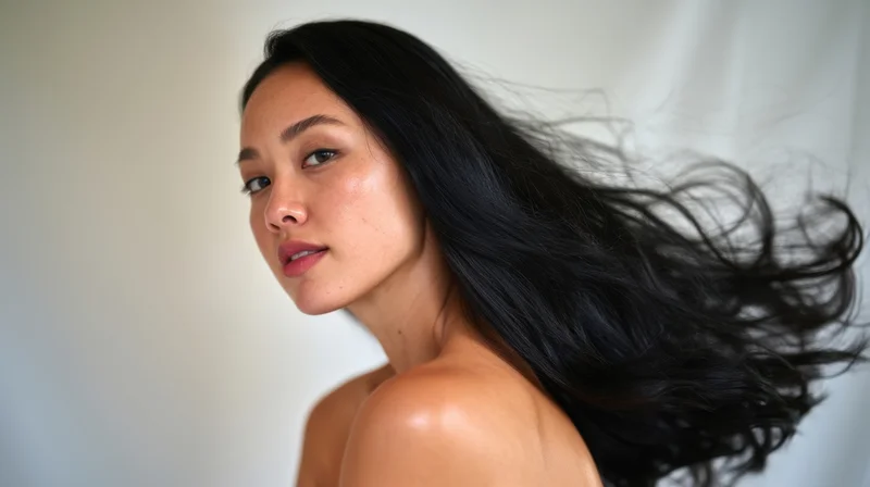 Young asian woman with long flowing black hair in studio portrait, soft light on bare shoulders, neutral background with copyspace