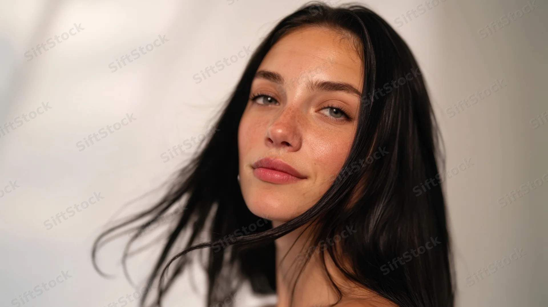 Young woman with long black hair looking at camera in studio portrait